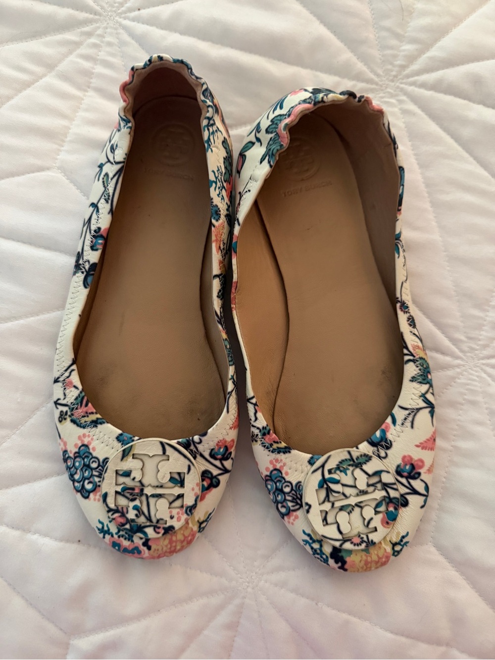 Tory Burch Cream Floral Logo Ballet Flats